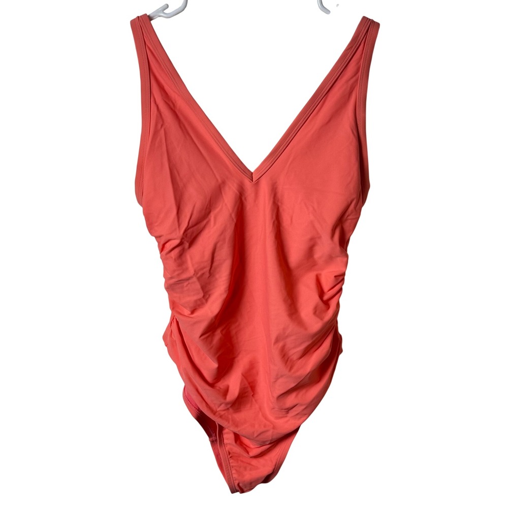 Kona Sol One Piece Swimsuit Women 14W Peach Ruched V-Neck NEW